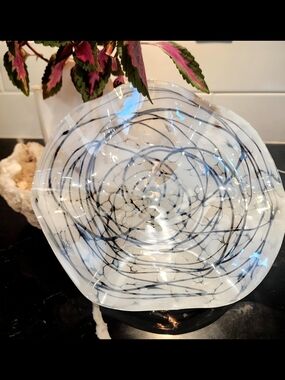 HTF Murano Style Black White Swirl Hand Blown Art Glass Compote Bowl 9"